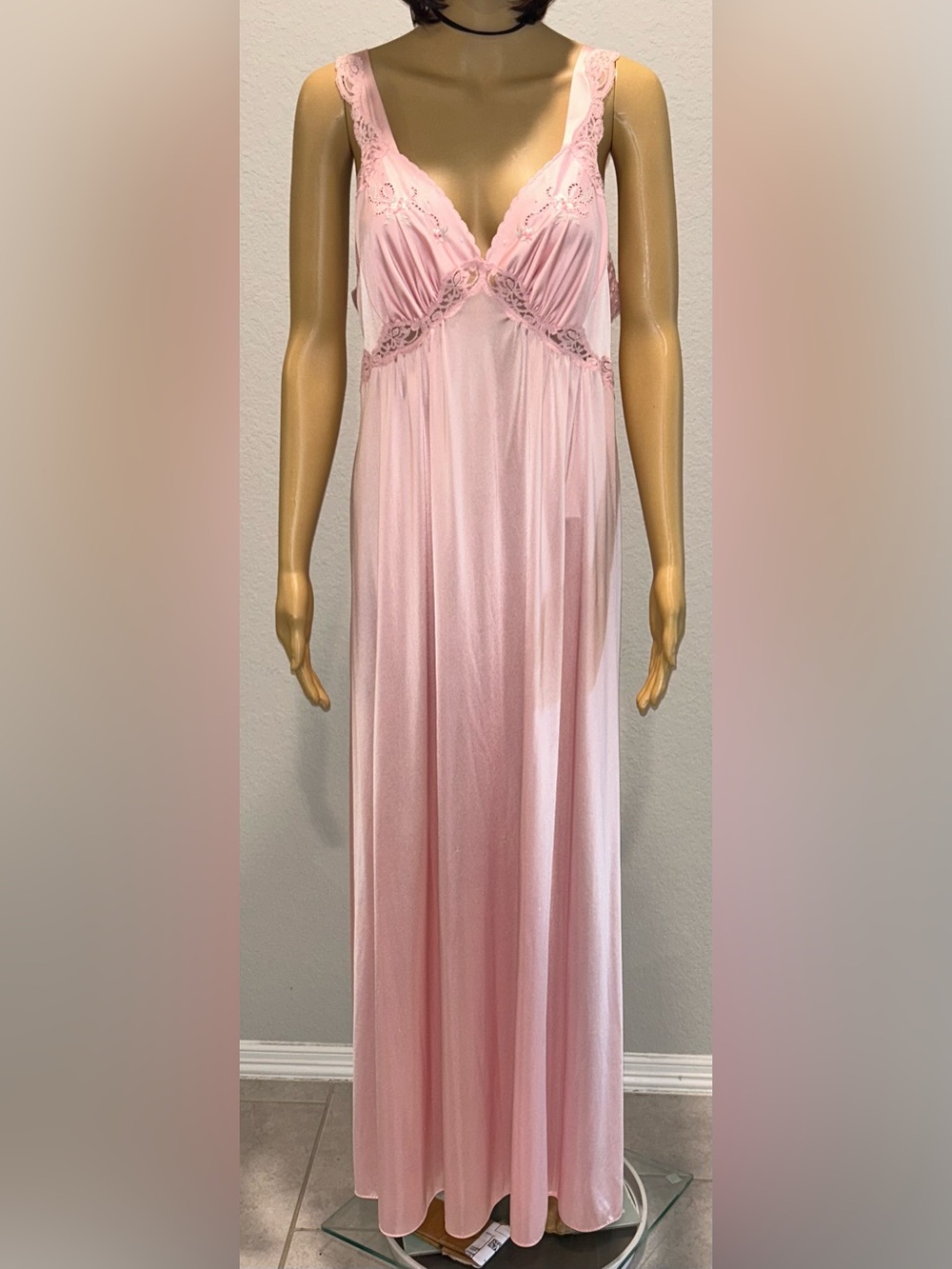 Delicate Pink Lace-Trim Long Nightgown